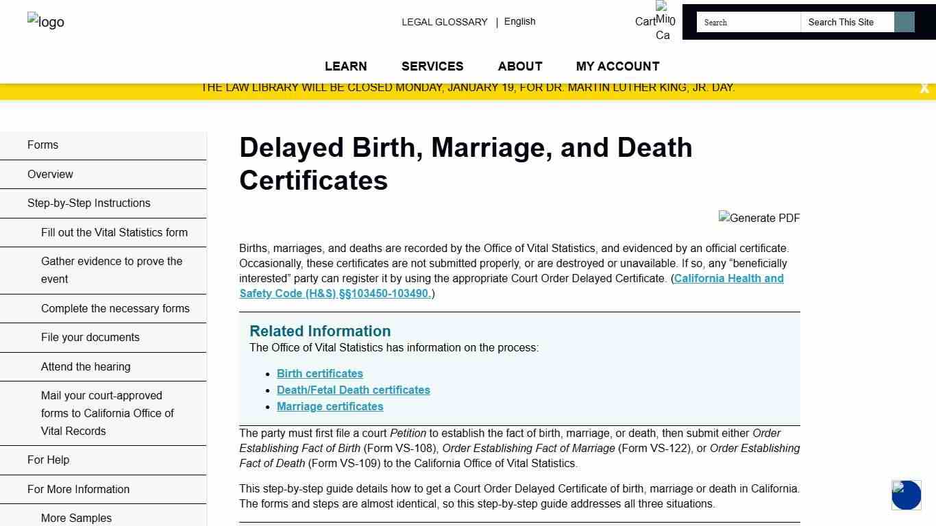 Delayed Birth, Marriage, and Death Certificates - Sacramento County Public Law Library